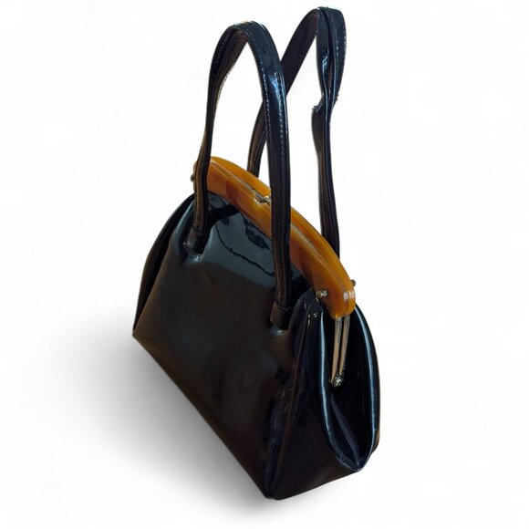 Vintage 1950s/60s Black Patent Leather Handbag with Lucite Handle - Picture 3 of 8